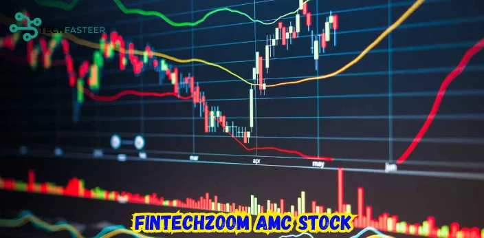 Illustration showing a magnifying glass focusing on AMC stock details on Fintechzoom.

