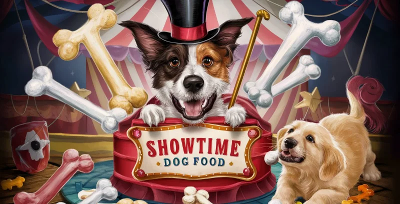 Colorful bags of Showtime Dog Food highlighting premium ingredients and balanced nutrition for your furry friend.